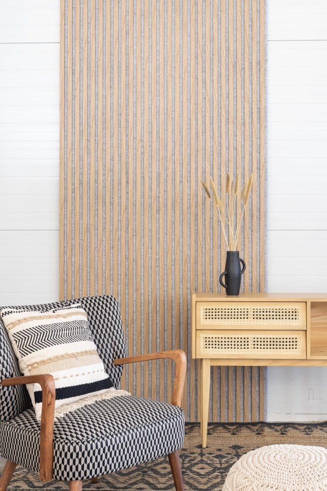 Acoustic panel 600 x 2400 mm Oak natural - Acoustic felt Grey Acoustic panel 600 x 2400 mm Oak natural - Acoustic felt Grey
