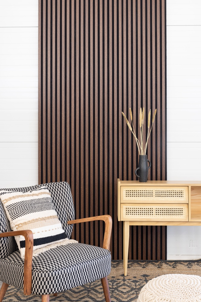 Acoustic panel 600 x 2400 mm Dark Oak - Black acoustic felt Acoustic panel 600 x 2400 mm Dark Oak - Black acoustic felt