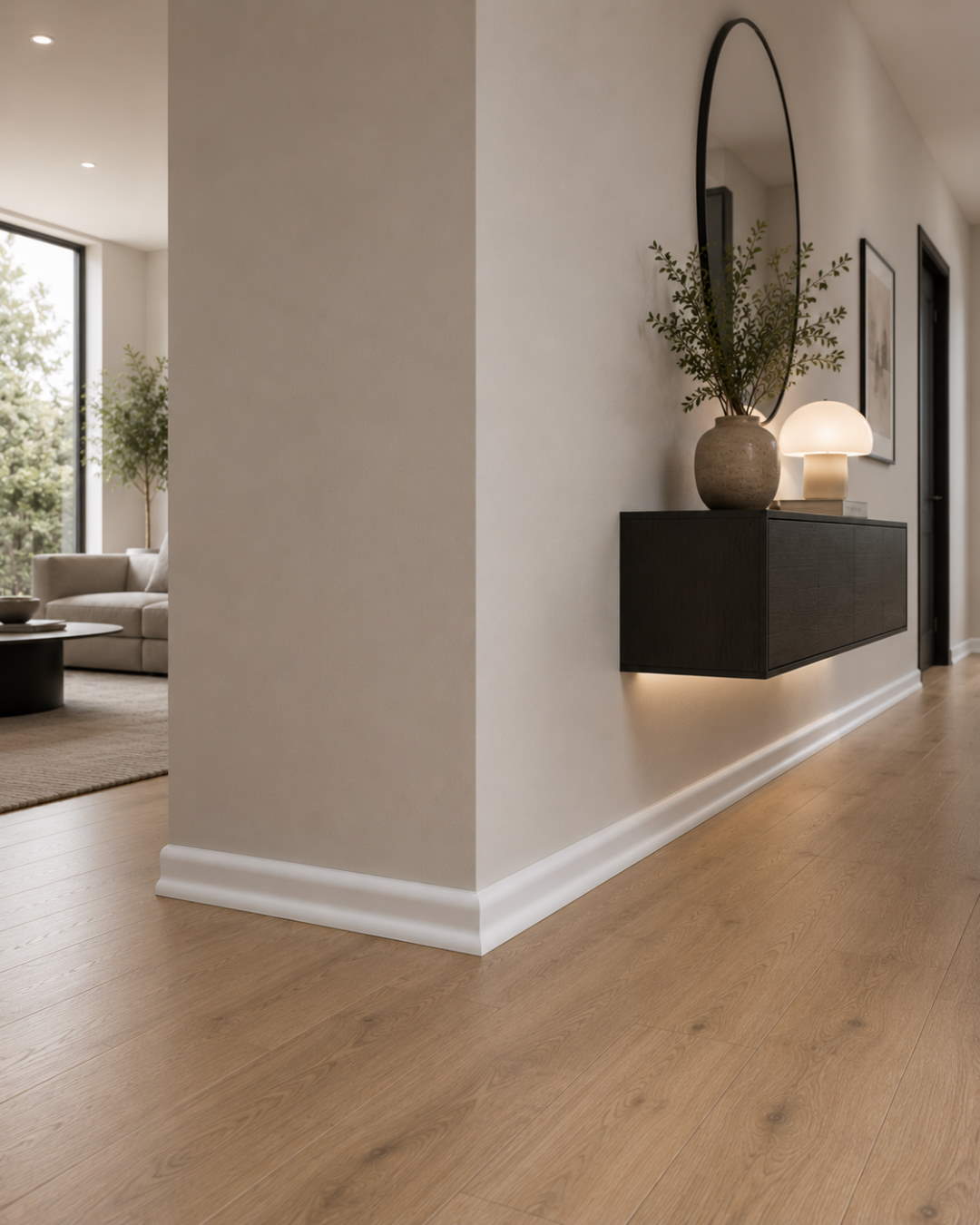 Skirting with wood optics 40 mm white similar RAL 9016