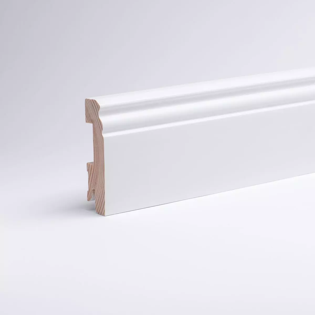 Massivholz Sockelleiste Berliner Profil 80mm - Buche RAL9010 Weiß lackiert