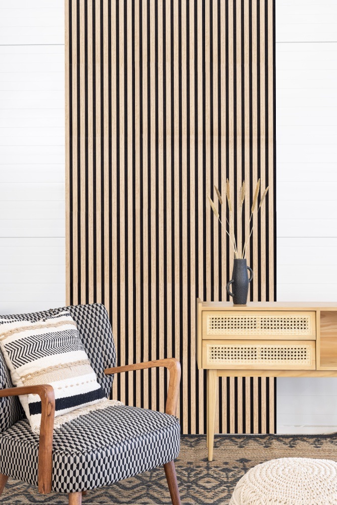 Akustikpaneel 2400 x 600 mm Eiche natur - Akustikfilz  Schwarz - Wandverkleidung